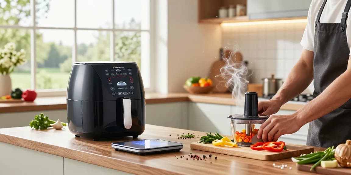 Engaging home cook using smart kitchen gadgets for meal preparation, showcasing innovation and convenience in cooking.