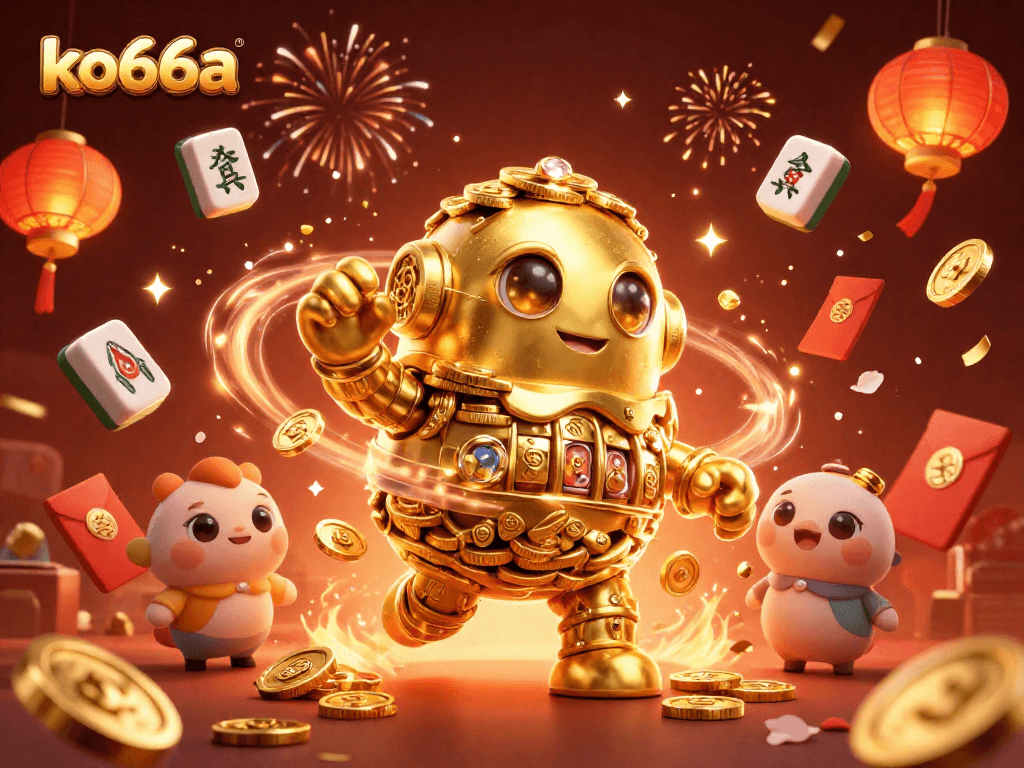 Win big with ko66a at an engaging online casino, featuring a golden golem and festive elements.