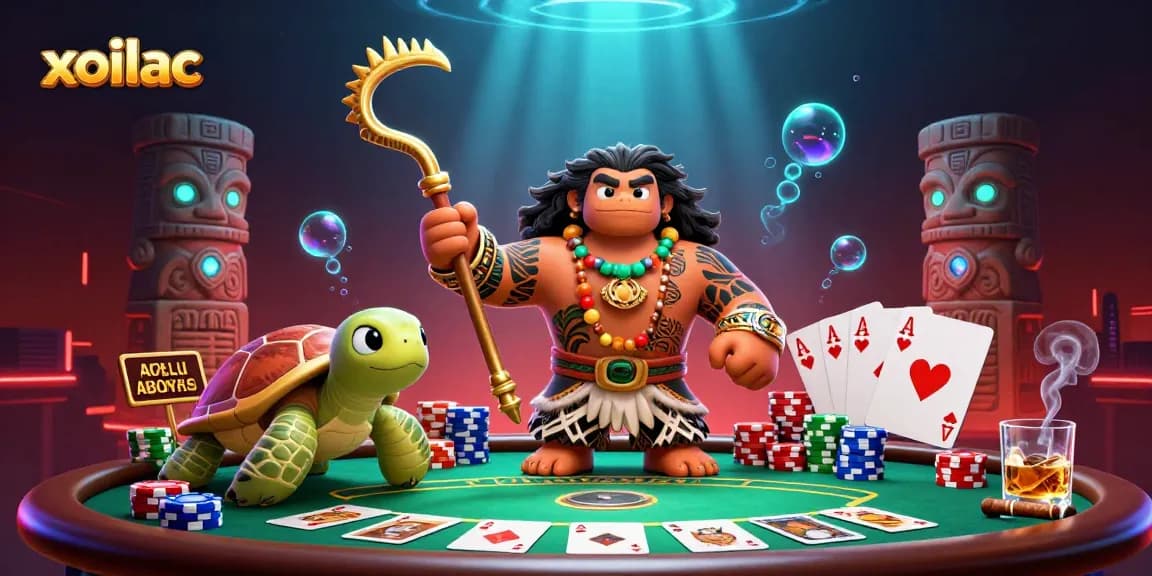 Xoilac brings exciting poker action with characters in a vibrant, lively casino atmosphere.