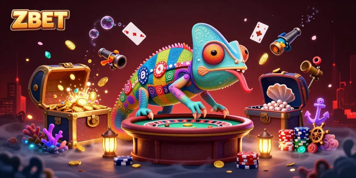 ZBET showcases a vibrant casino scene with a chameleon owner amidst treasures and games.