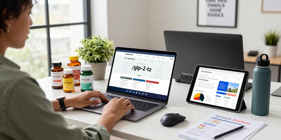 Explore koiaminos.com/catalog/glp-2-tz in a vibrant e-commerce workspace with product samples and analytics.