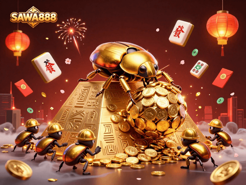 Experience SAWA888's thrilling gameplay with a vibrant 3D casino illustration showcasing exciting elements.