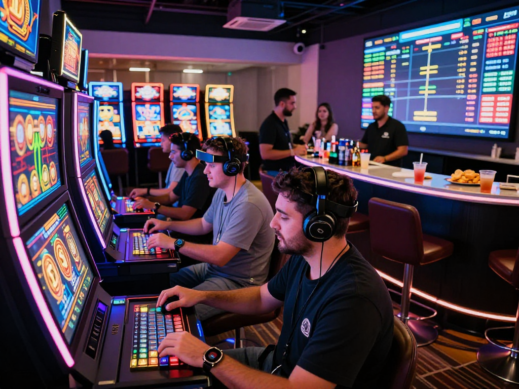Experience a vibrant crypto casino atmosphere with players engaging at digital slot machines.