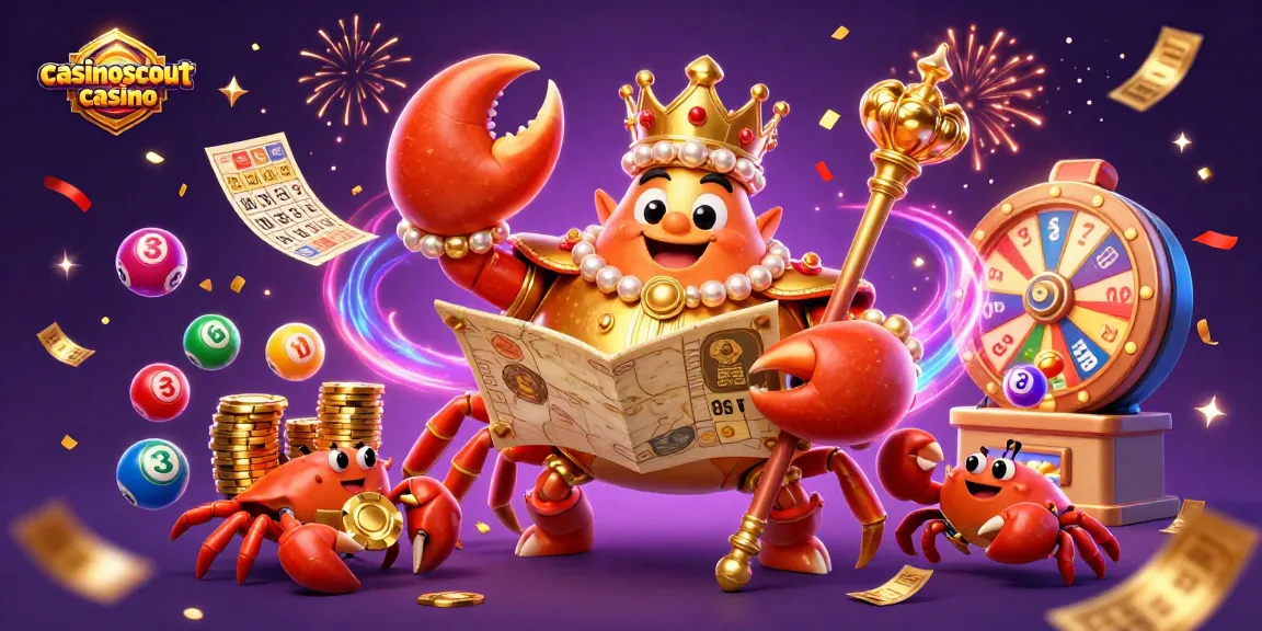 Experience the excitement of casinoscout casino with vibrant lottery elements and a majestic golden crab.