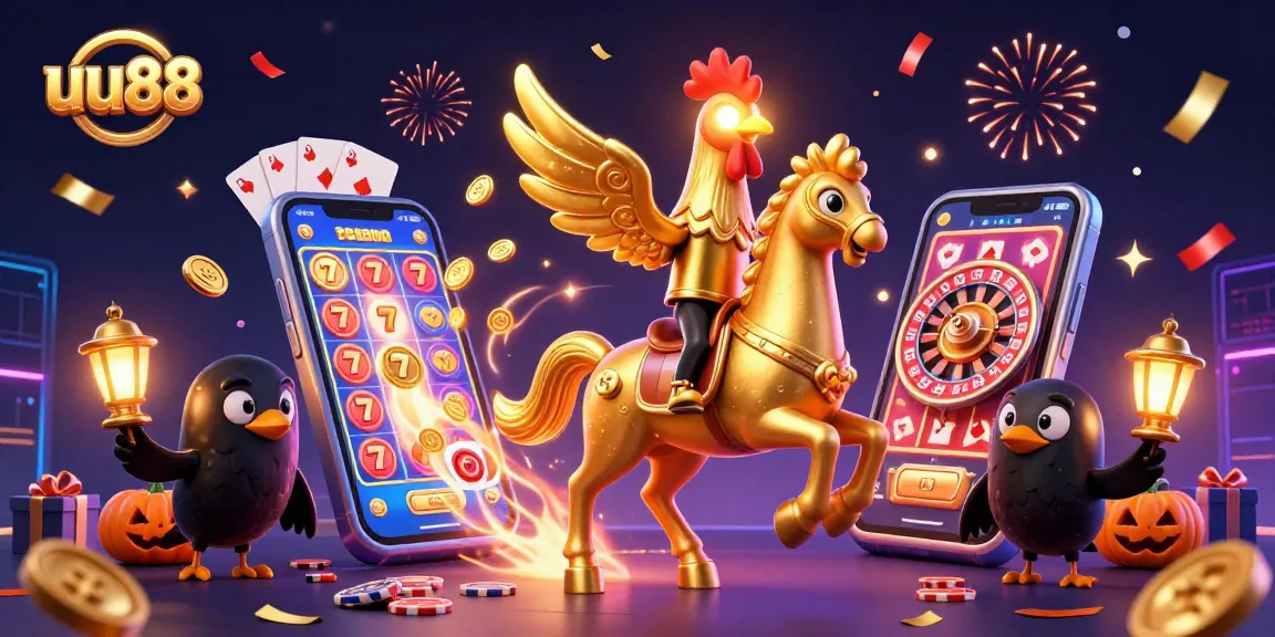 Play slots and win on uu88 in a vibrant midnight casino scene featuring a golden rooster and companions.