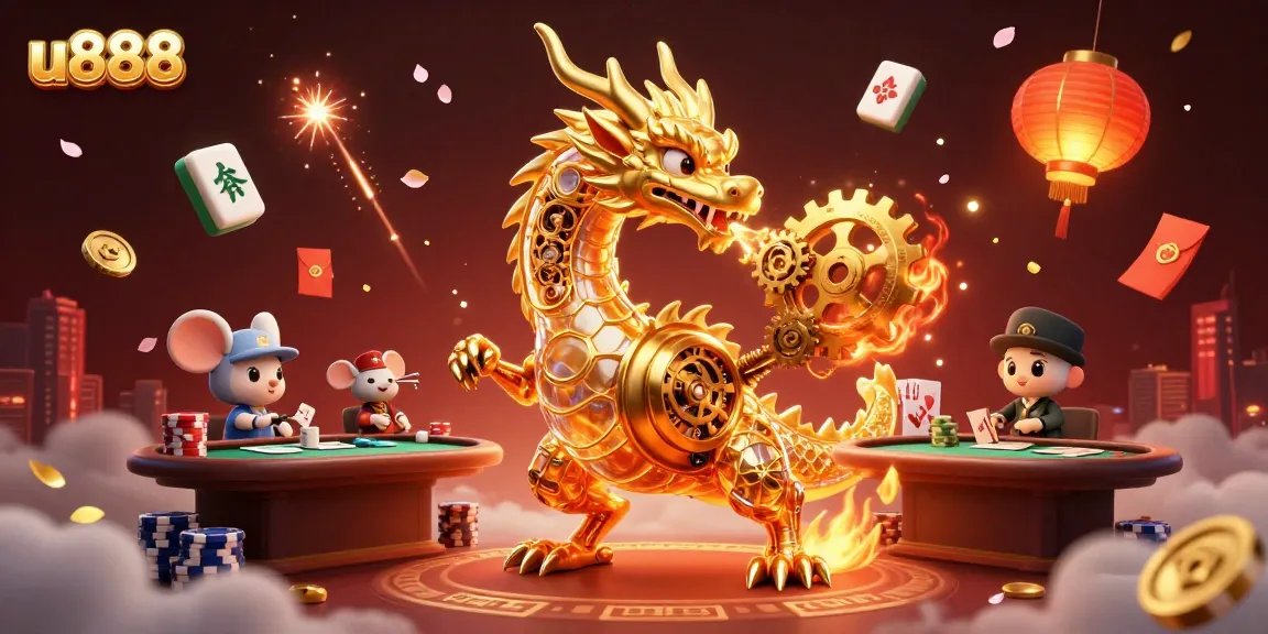 Play exciting poker with u888's vibrant casino illustration featuring a golden dragon and classic game elements.