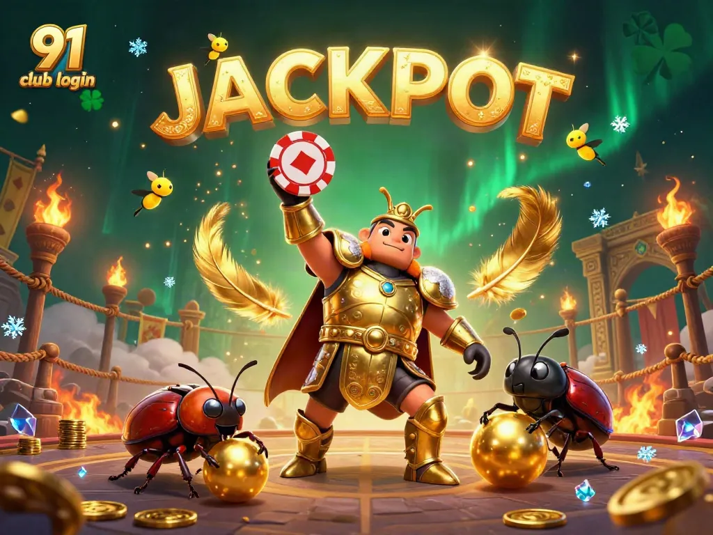 Experience 91 Club login with a victory scene featuring a beetle hero and gambling energy.