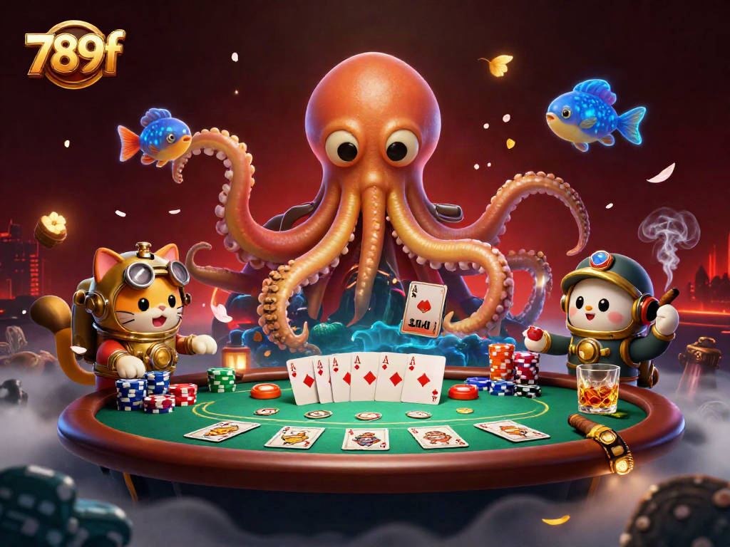 Engage with 789f's thrilling casino atmosphere, featuring kraken and diving cat amidst poker action.