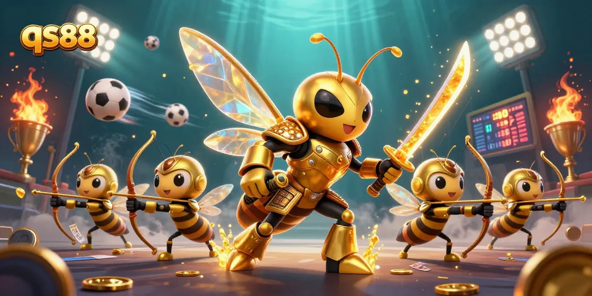 Experience thrilling qs88 gameplay with a dynamic casino scene featuring a golden hornet and sports elements.