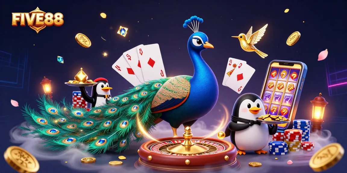 Experience FIVE88's vibrant gaming world with dynamic scenes of winnings and festive elements.