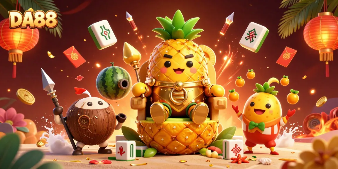 Experience vibrant winnings at DA88 casino with the golden pineapple king and festive decor.