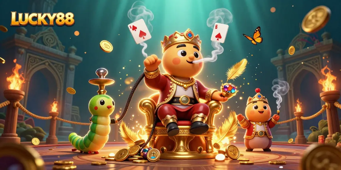 LUCKY88 casino illustration featuring a caterpillar smoking poker hand rings with gold coins.