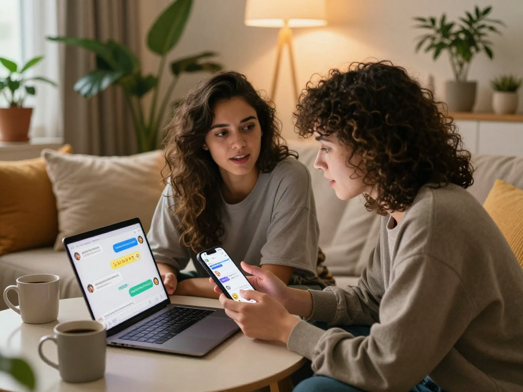 Engaged couple using sex chat AI on laptops in a cozy conversation setting.
