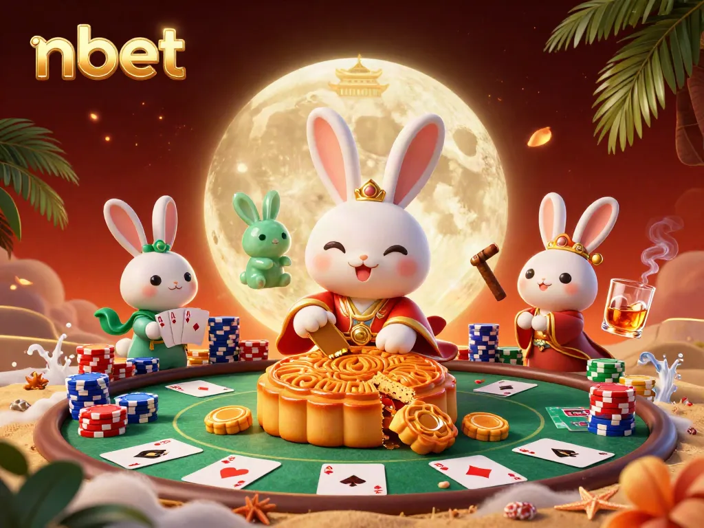 Experience the magic of nbet with moon rabbits surrounded by vibrant poker elements in a dazzling setting.