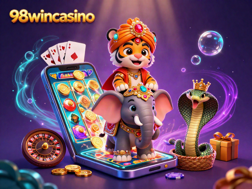 Experience the action of 98wincasino with a vibrant 3D illustration showcasing dynamic gaming elements.