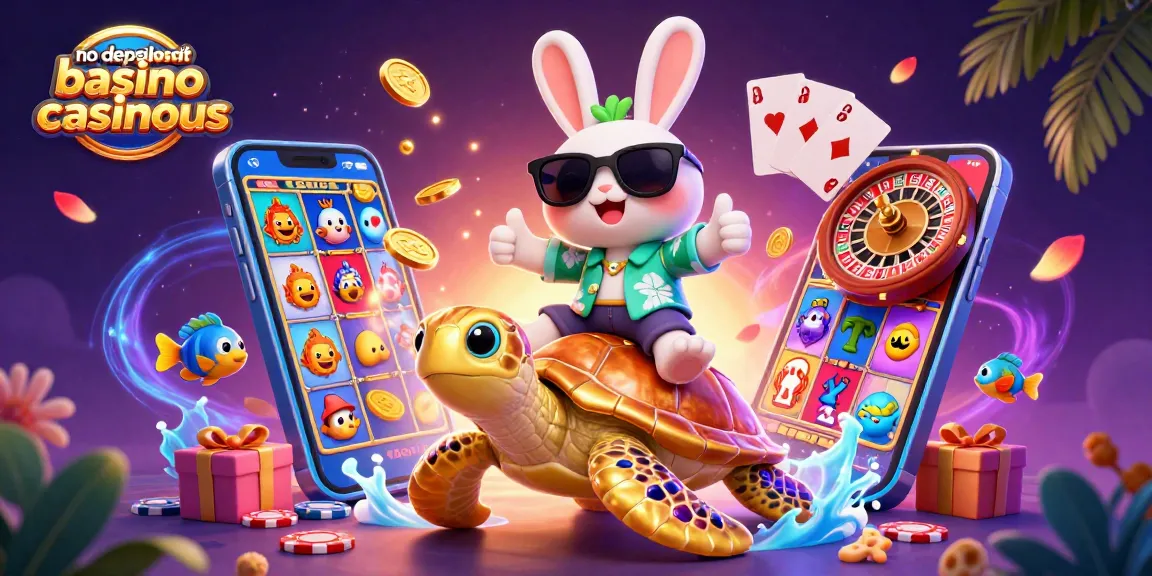 No deposit bonus casino casinous showcases a lucky rabbit and turtle amidst vibrant casino elements and tropical scenery.