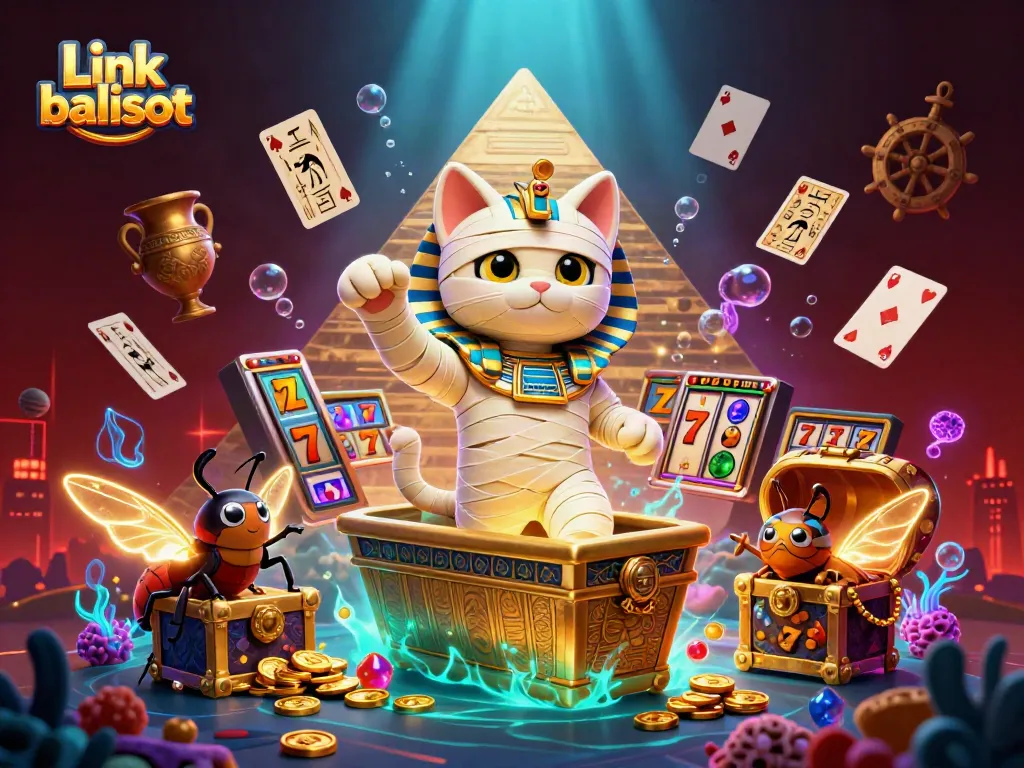 Engage with Link balislot featuring an Egyptian mummy cat in a vibrant casino bursting with action.