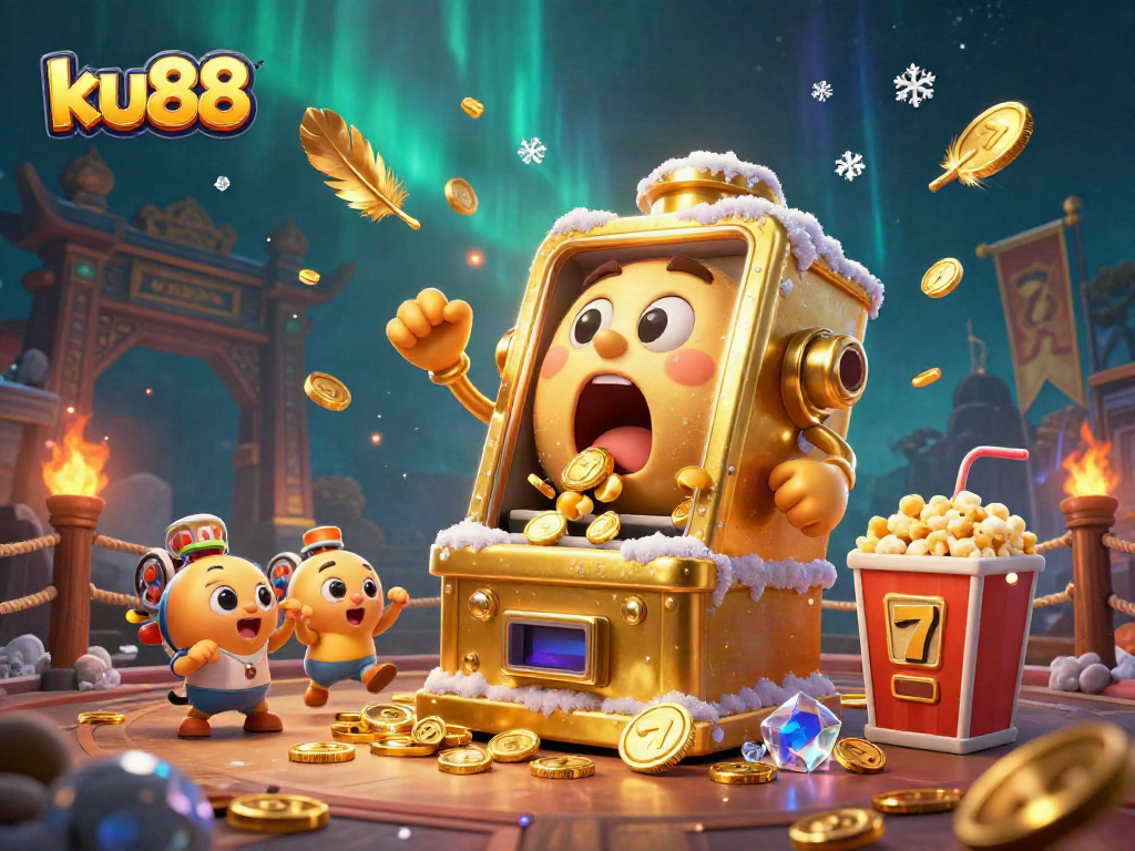 ku88 slot machine celebrates jackpot, surrounded by cheering characters and casino elements.