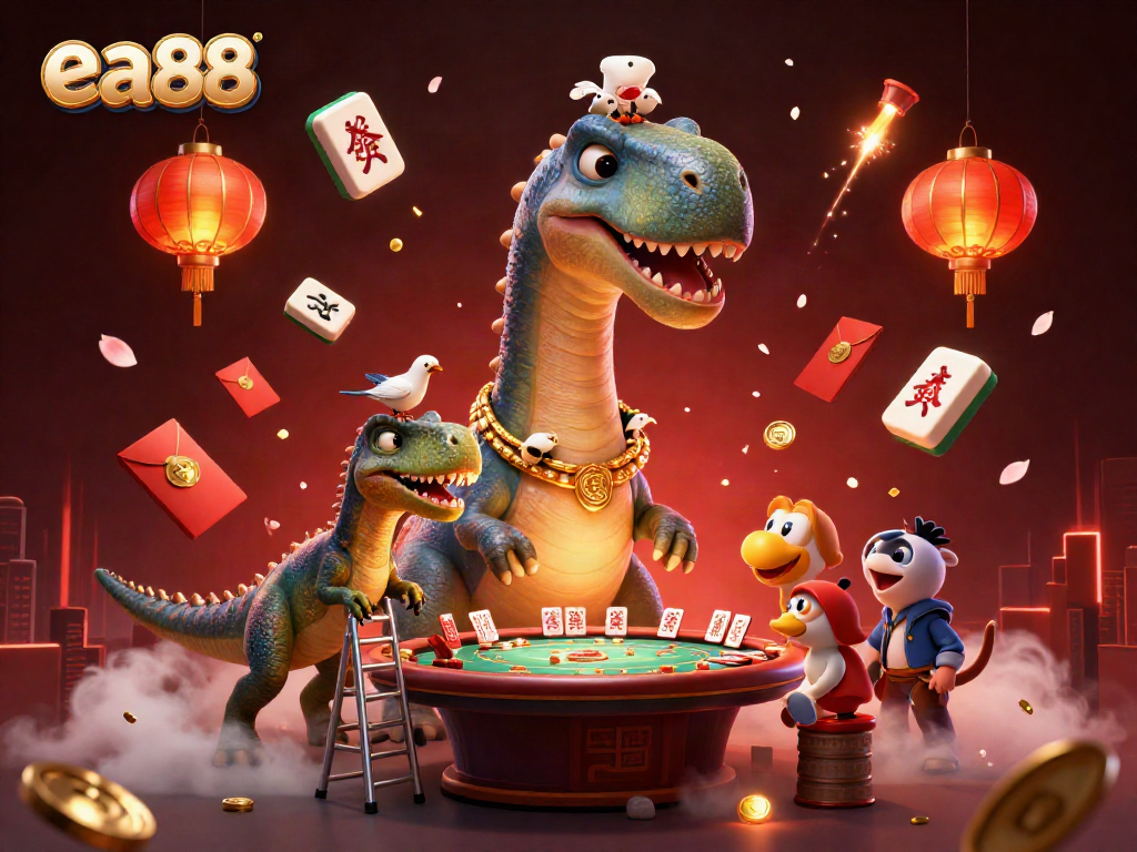 Engage with ea88 at the vibrant casino scene featuring playful dinosaurs and festive elements.