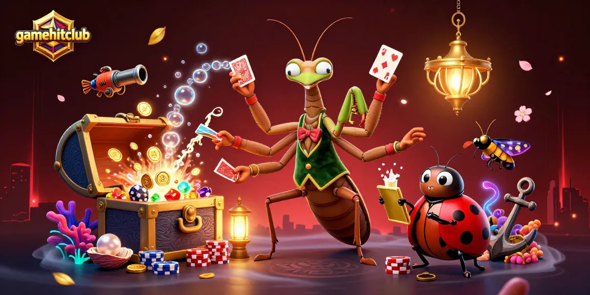 Experience the excitement of gamehitclub with a 3D giant mantis dealer, vibrant casino elements, and rich colors.