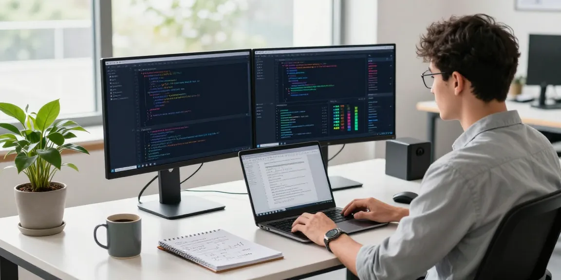 Developer working on instant indexing solutions in a modern tech office with dual monitors and coding setup.