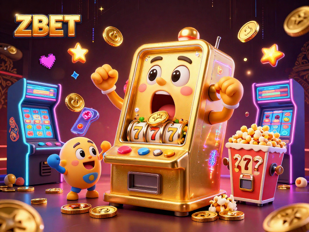 ZBET showcases a joyful slot machine hitting a jackpot in a vibrant casino scene with cheering baby slots.