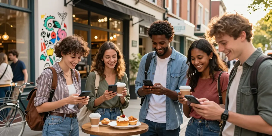 Friends exploring a hyperlocal discovery app in a vibrant urban setting, enjoying local shops and cafes together.