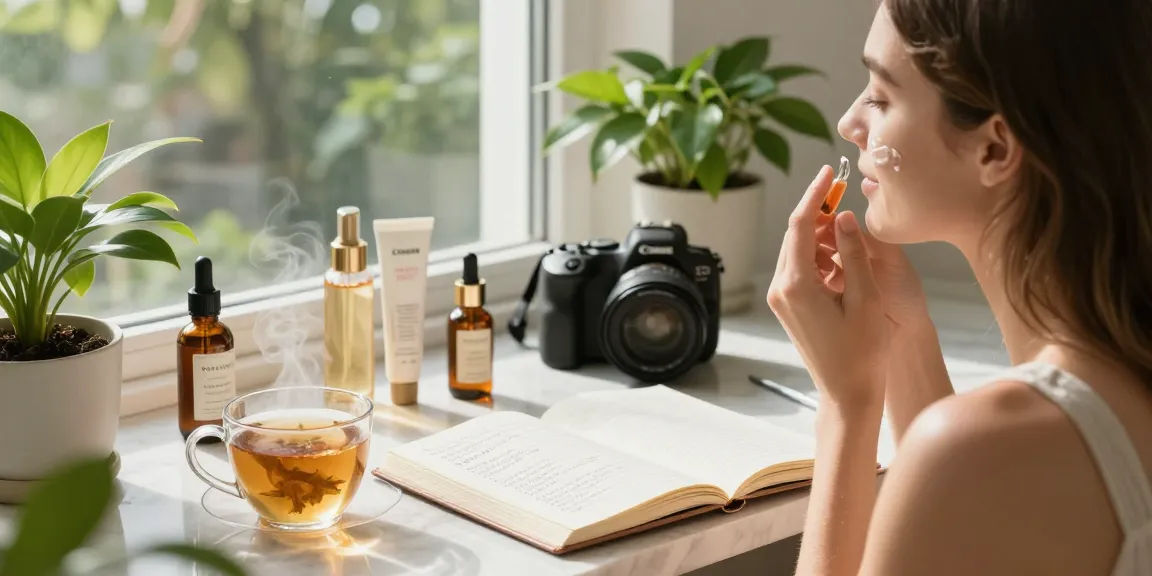 Nourish and Hydrate Serum application moment in a serene skincare routine with natural light and lush greenery.