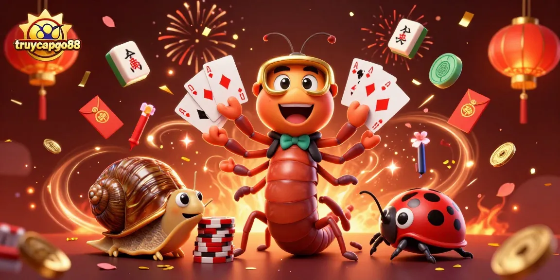 Engage with the vibrant scene of truycapgo88 as a millipede dealer fans cards, alongside a high-roller snail and an excited pill bug.
