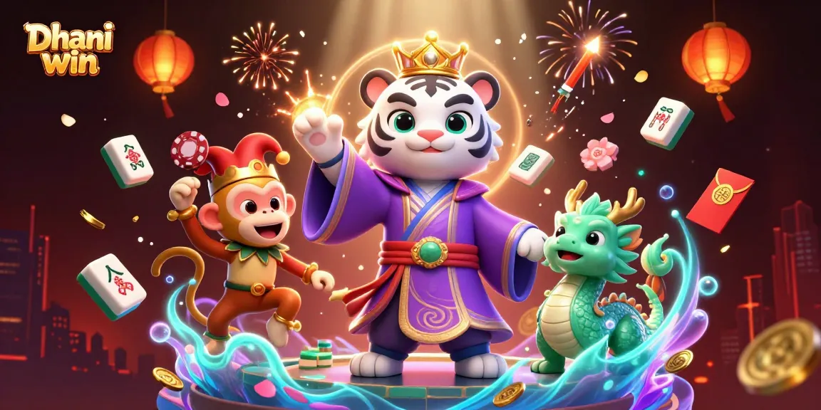 Dhani win logo illustrates a vibrant casino scene with a white tiger, monkey juggling chips, and glowing game elements.