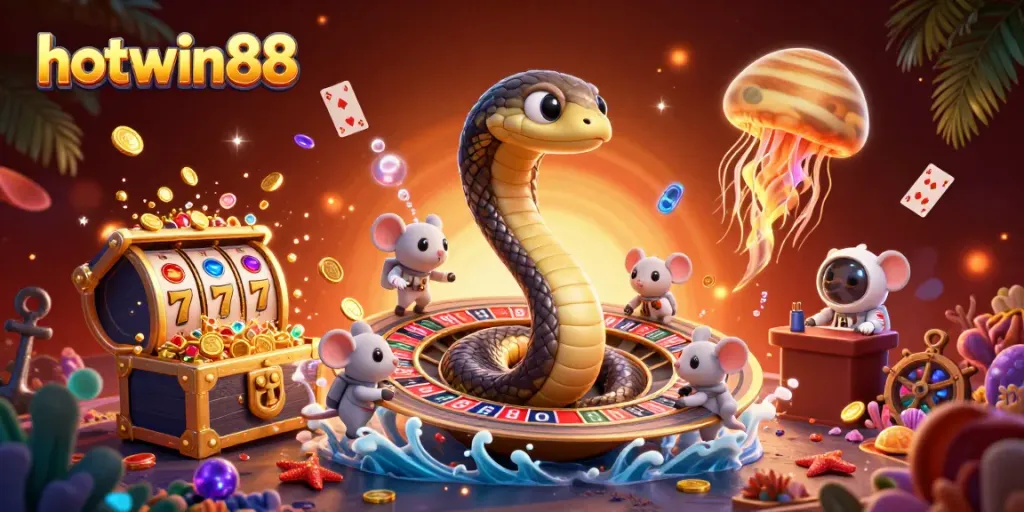 Engage with hotwin88's exciting slots as astronaut mice bet on roulette rings in a vibrant cosmic scene.