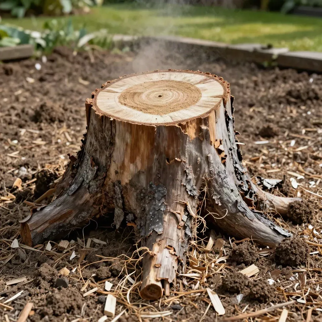 Freshly ground oak stump surrounded by pale chips and loosened soil in a UK garden