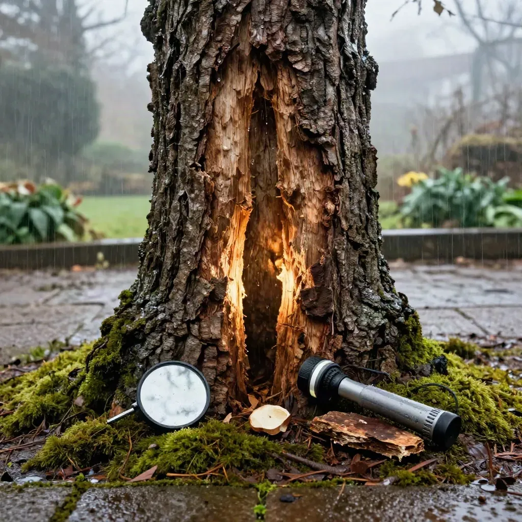 Horse chestnut trunk inspection with torch, mirror and bark sample on wet mossy paving.