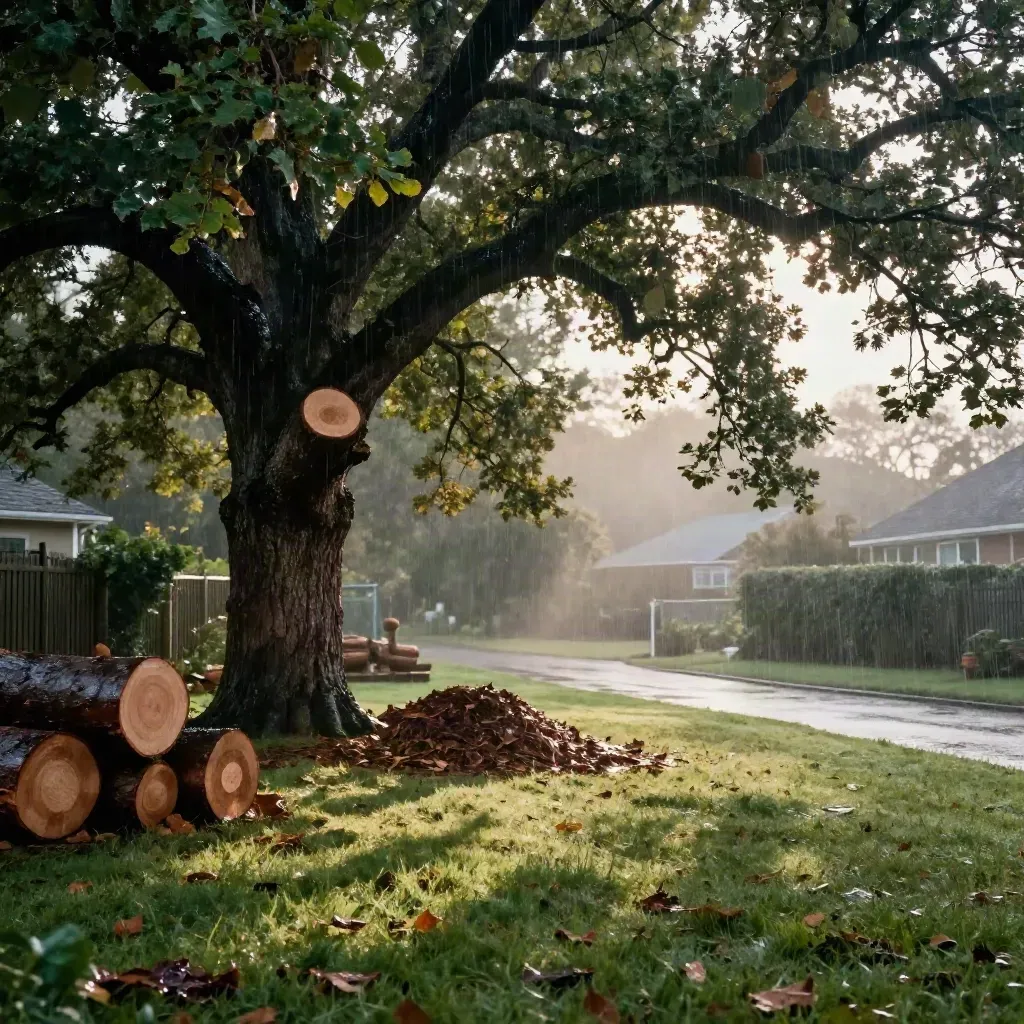 A rain-darkened oak after crown reduction, with timber rounds and woodchip piles in a misty garden.