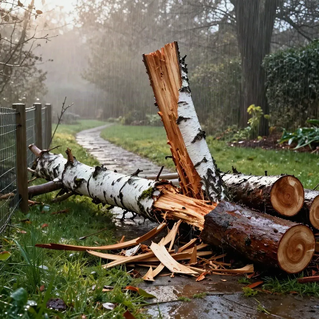 Storm-split birch trunk, sawn rounds, and a cleared fence line on a wet lawn.