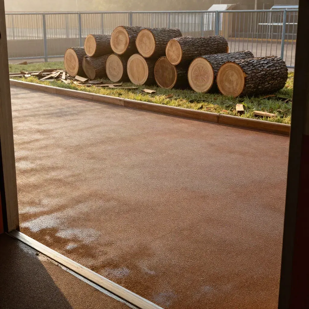 Empty school play area reopened after storm tree work, with rubber matting and stacked oak rounds.