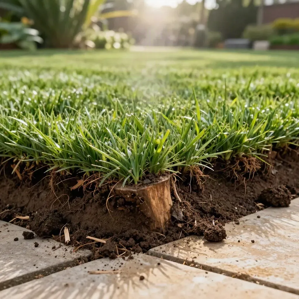 Freshly levelled lawn with a new soil bed and sapling pit, steam rising.