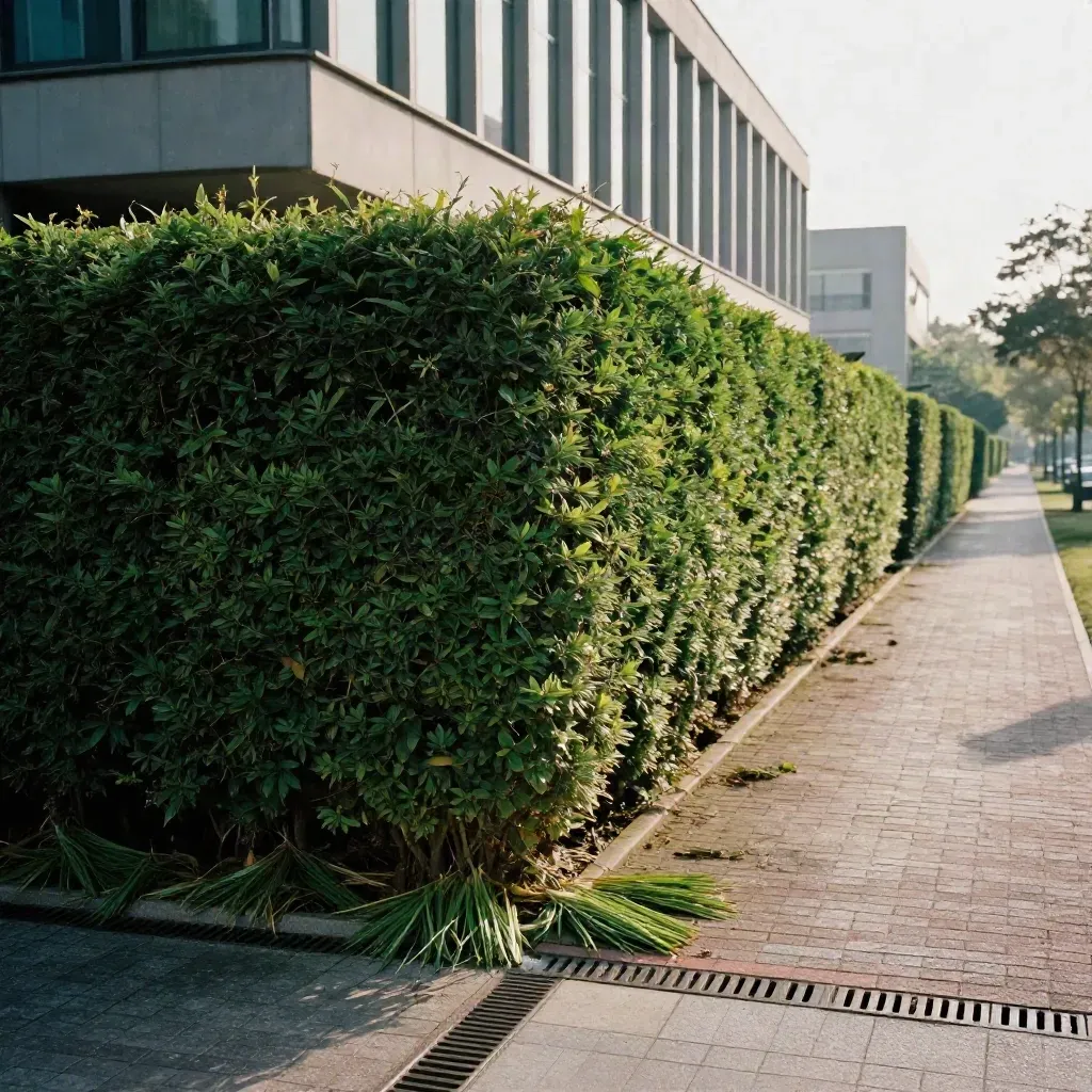 Clipped yew hedge beside a glass-and-brick office path with neat offcuts and clear paving.