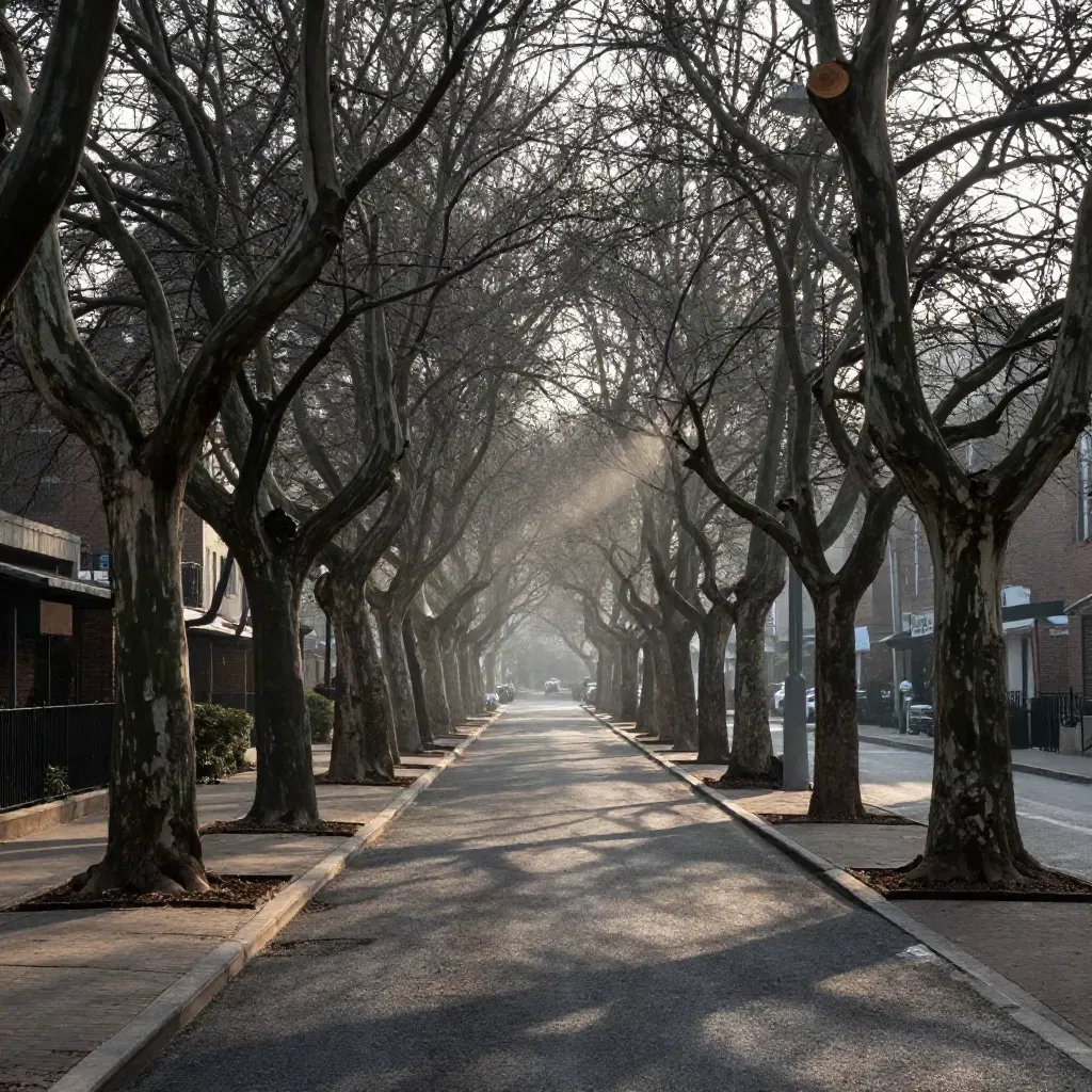 Mature street trees freshly pruned along a civic avenue, mulch rings and clear pavements in haze.