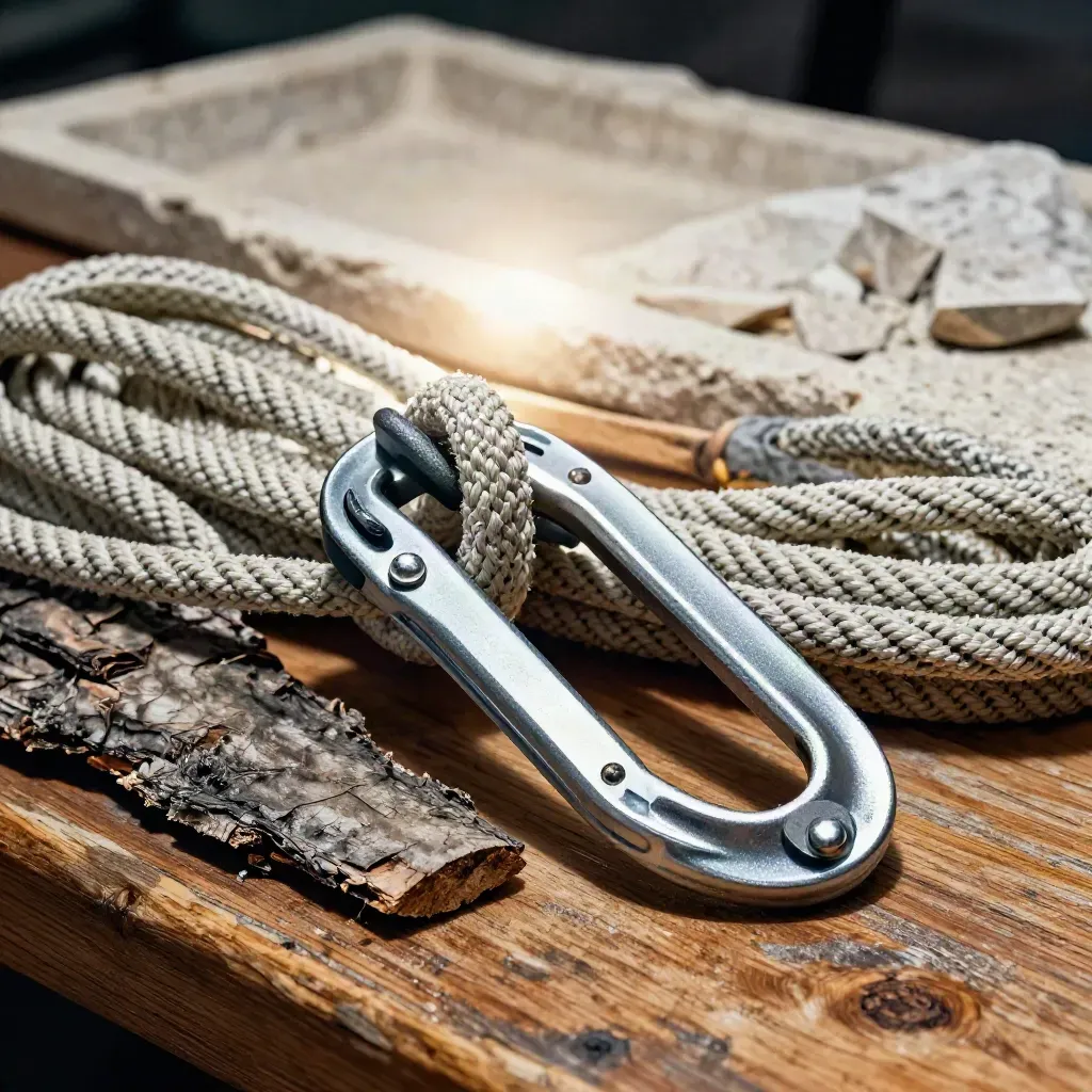Coiled access rope with friction hitch and ascender on a scuffed bark slab, lit dramatically.