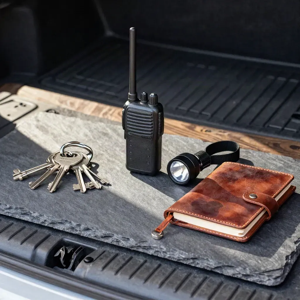 Overhead still life of tree care gate keys, radio, head torch and notebook on slate