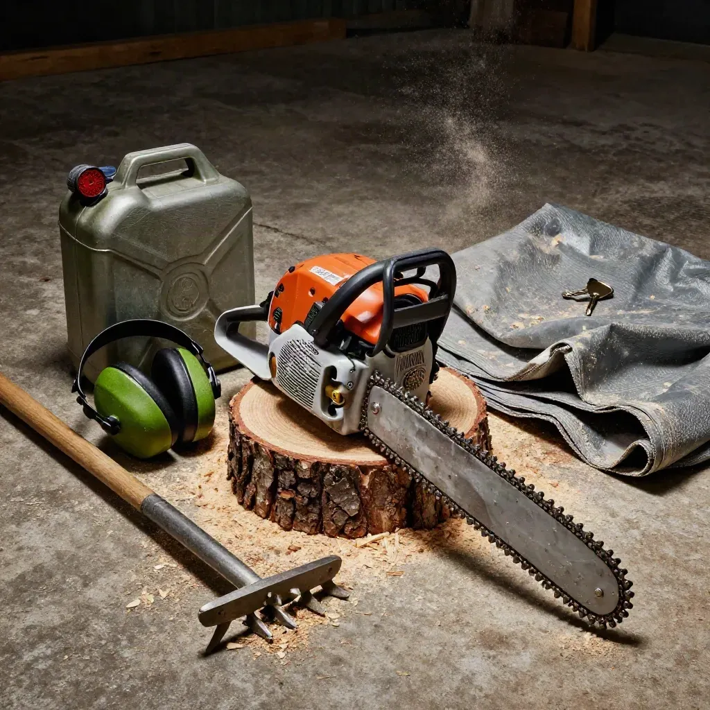 Chainsaw scabbard, fuel can, ear defenders, rake head and tarp in sawdust haze