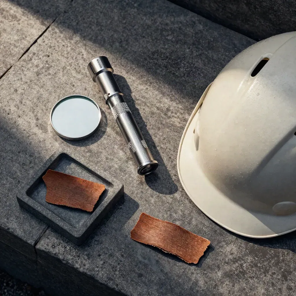 Overhead arborist kit on wet stone: torch, mirror, bark sample and folded helmet in cool dawn light.