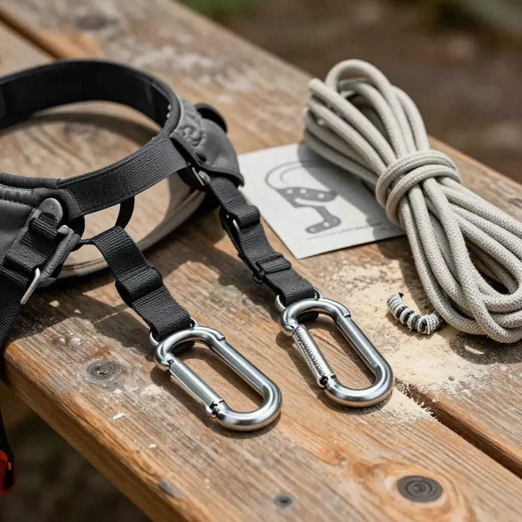 Tree climbing harness, karabiners, rope and hitch on an oak bench