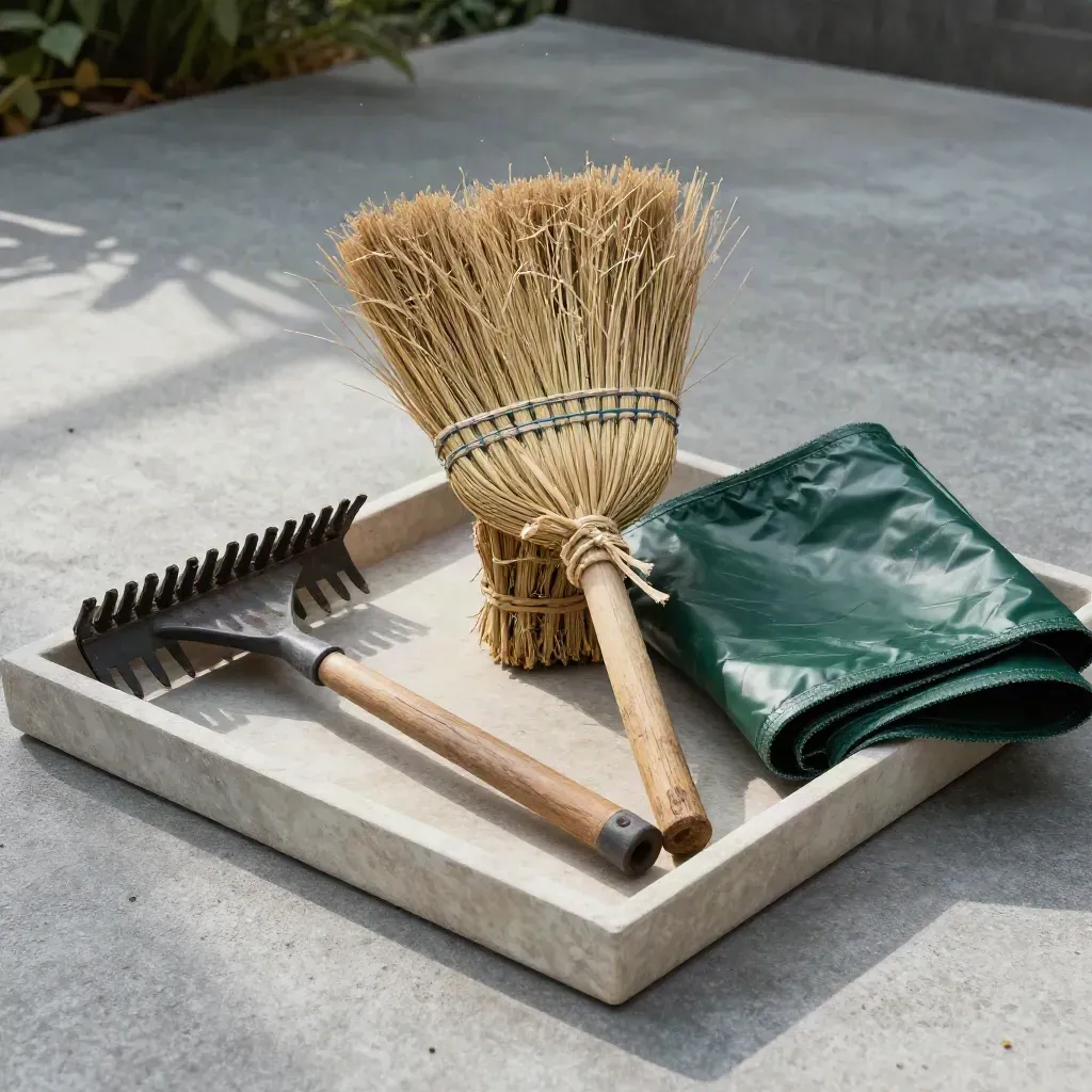Rake head, broom, tarpaulin, and brash bundle on a stone tray in soft daylight.