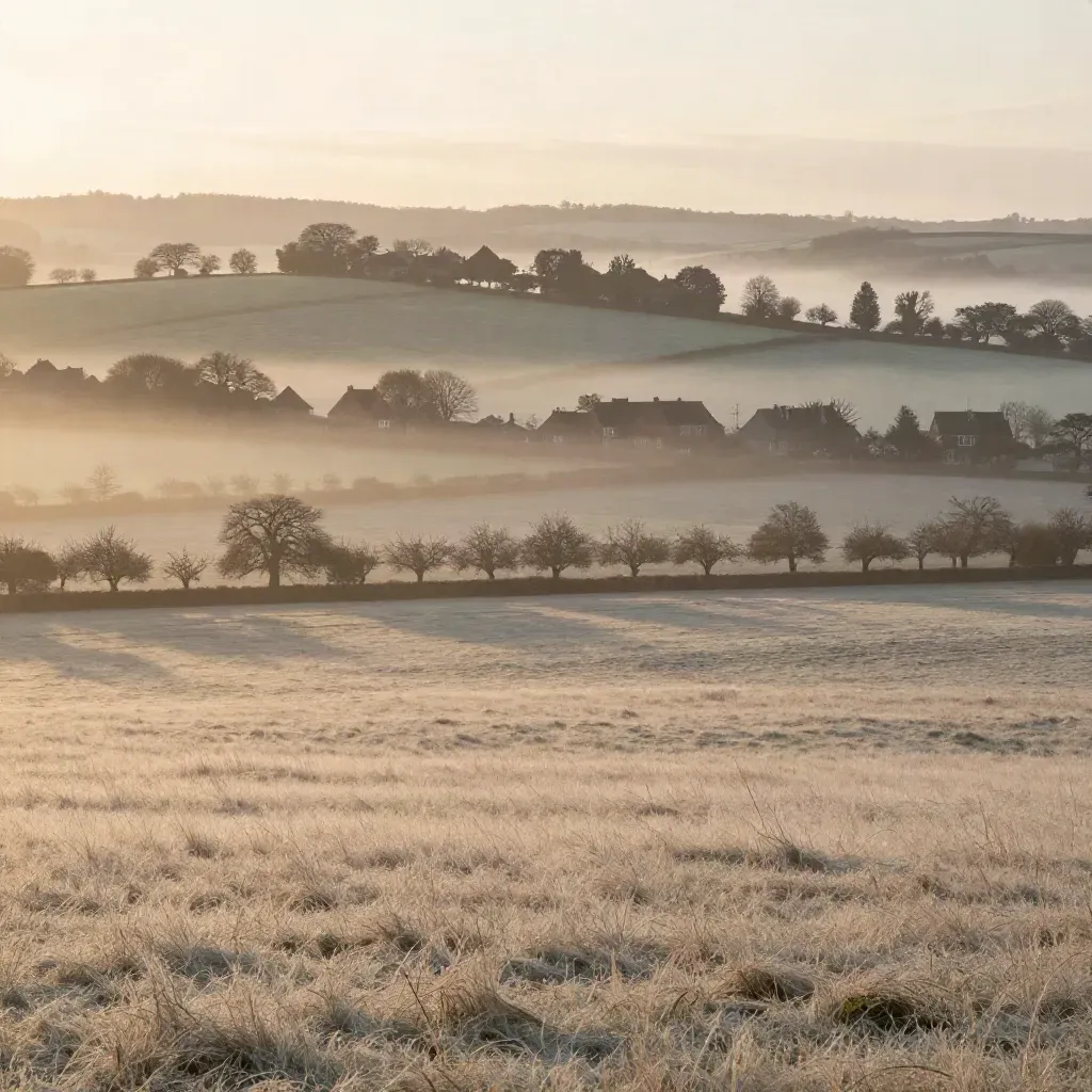 Misty chalk downs with plane trees and distant brick rooftops at dawn.