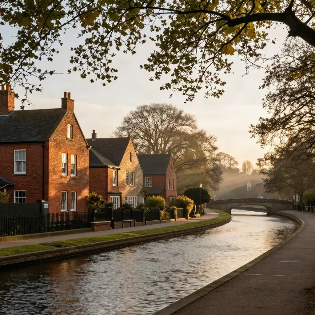 Golden-hour Midlands city canal with red brick buildings and park trees in soft haze