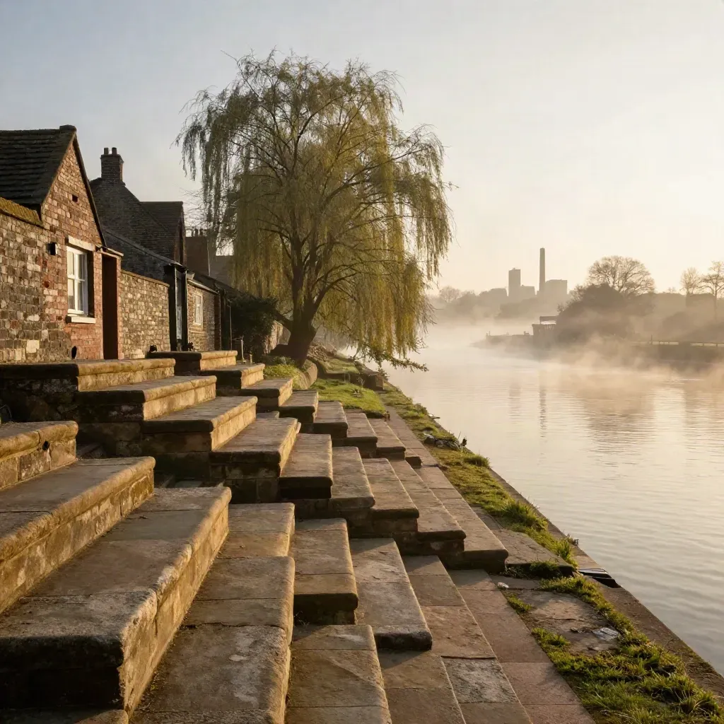 Sandstone terraces, canal trees, and hazy industrial silhouettes at golden hour.