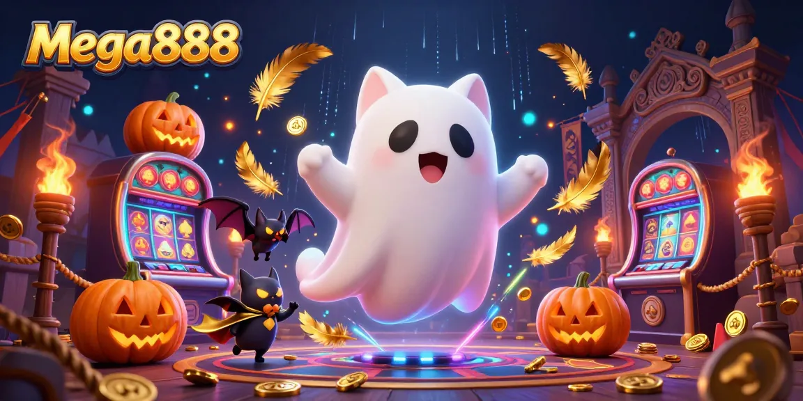 Spin mega888 slot reels with a quirky ghost cat and its bat friend in a mystical casino scene.