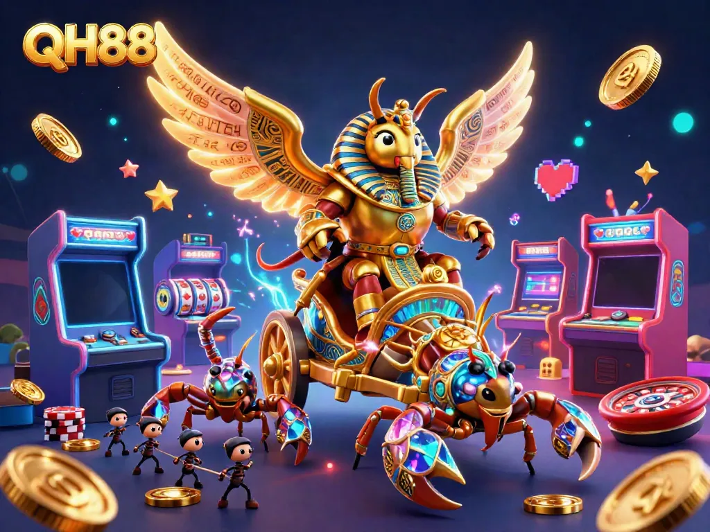 Experience excitement with QH88 in this ultra-detailed 3D casino scene featuring vibrant games.